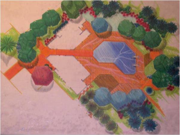 A colored site plan illustration showing a central pool, pathways, and surrounding trees and vegetation.