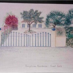 Drawing of a house behind a metal front gate, with trees, shrubs, and potted plants in the front yard.