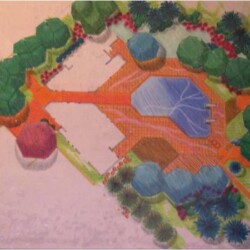 A colored site plan illustration showing a central pool, pathways, and surrounding trees and vegetation.